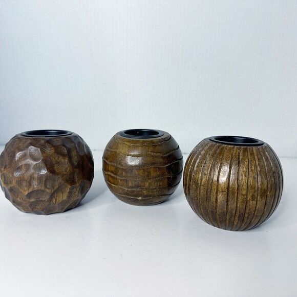 Other - Set of 3 JAVA Wooden Ball Tealight Candle‎ Holders, Northern Lights Candles